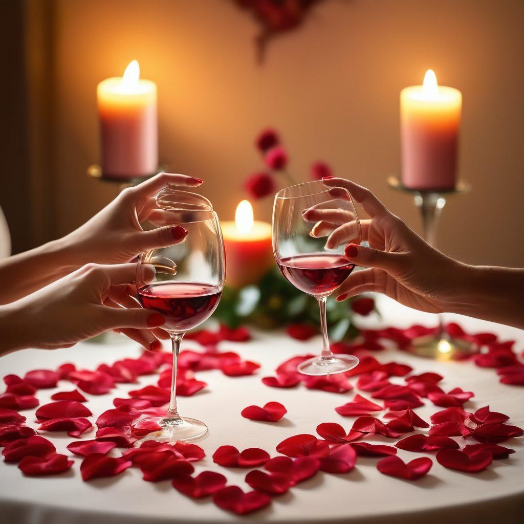 A serene and cozy candlelit dinner setting for two, featuring a beautifully set table with rose petals, soft ambient lighting, and wine glasses. In the background, a heart-shaped bokeh effect creates a dreamy romantic atmosphere. The foreground shows a couple's hands intertwined, symbolizing connection and intimacy. The color palette should focus on warm hues to evoke love and warmth. painting. vibrant colors.