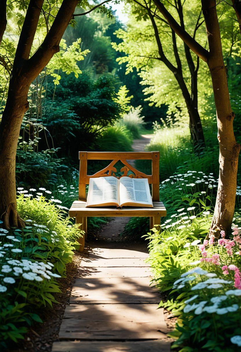 A couple holding hands, walking through a serene forest pathway, surrounded by blooming flowers and soft sunlight filtering through the trees. Heart-shaped symbols subtly integrated in the foliage and a gentle breeze rustling the leaves suggests harmony and connection. An open book with pages fluttering in the wind rests on a nearby bench, symbolizing shared knowledge. soft-focus, natural colors, warm lighting.