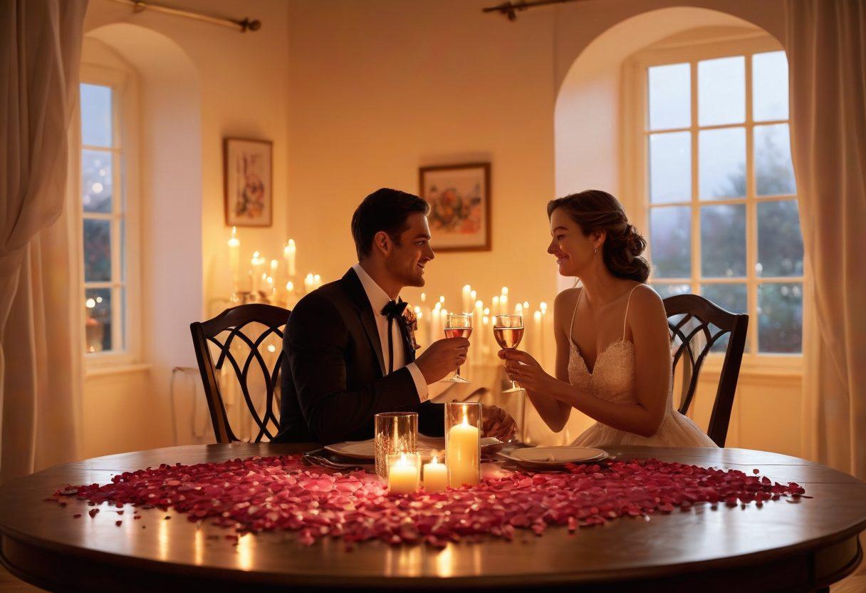 A cozy, softly lit scene of a couple sharing a romantic dinner, surrounded by candles and rose petals, with a faint silhouette of a heart in the background. Add hints of laughter and sparkling wine glasses to evoke joy and connection. The mood should be warm and inviting. super-realistic. soft colors. warm lighting.